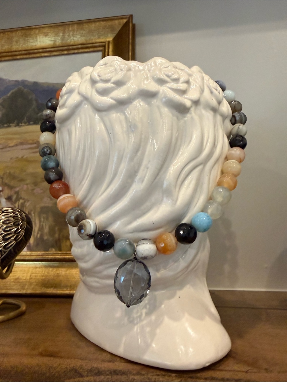 Multi-Color Beaded Gemstone Necklace with Faceted Pendant - Picture 4 of 5